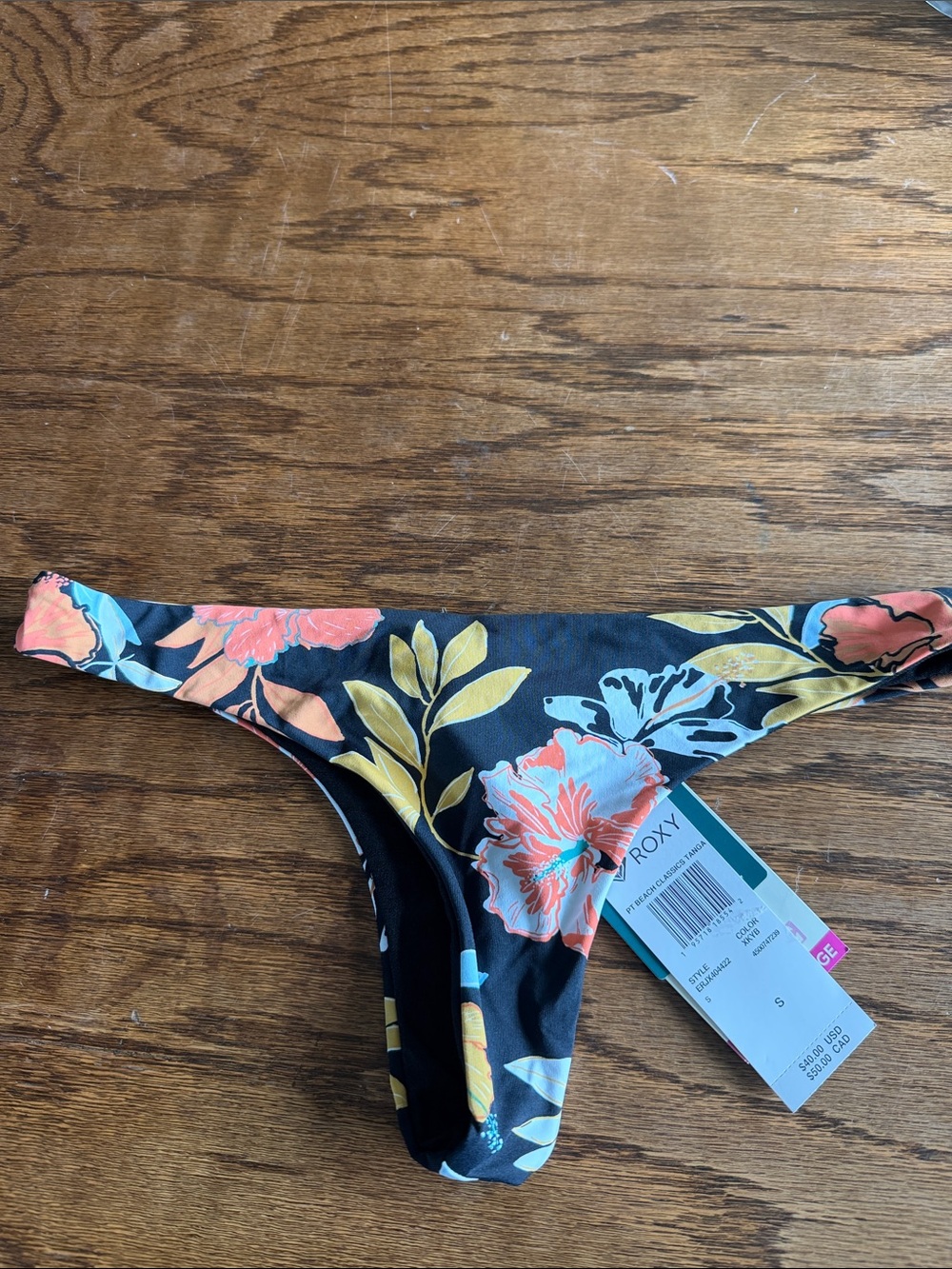 Roxy Black Floral Bikini Bottom with Coral & Yellow Blooms